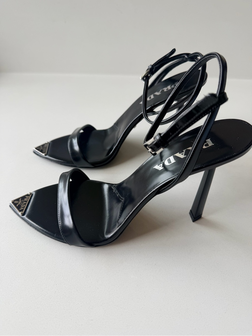 Prada Black Pointed-Toe Leather Ankle-Strap Heels - Picture 3 of 7